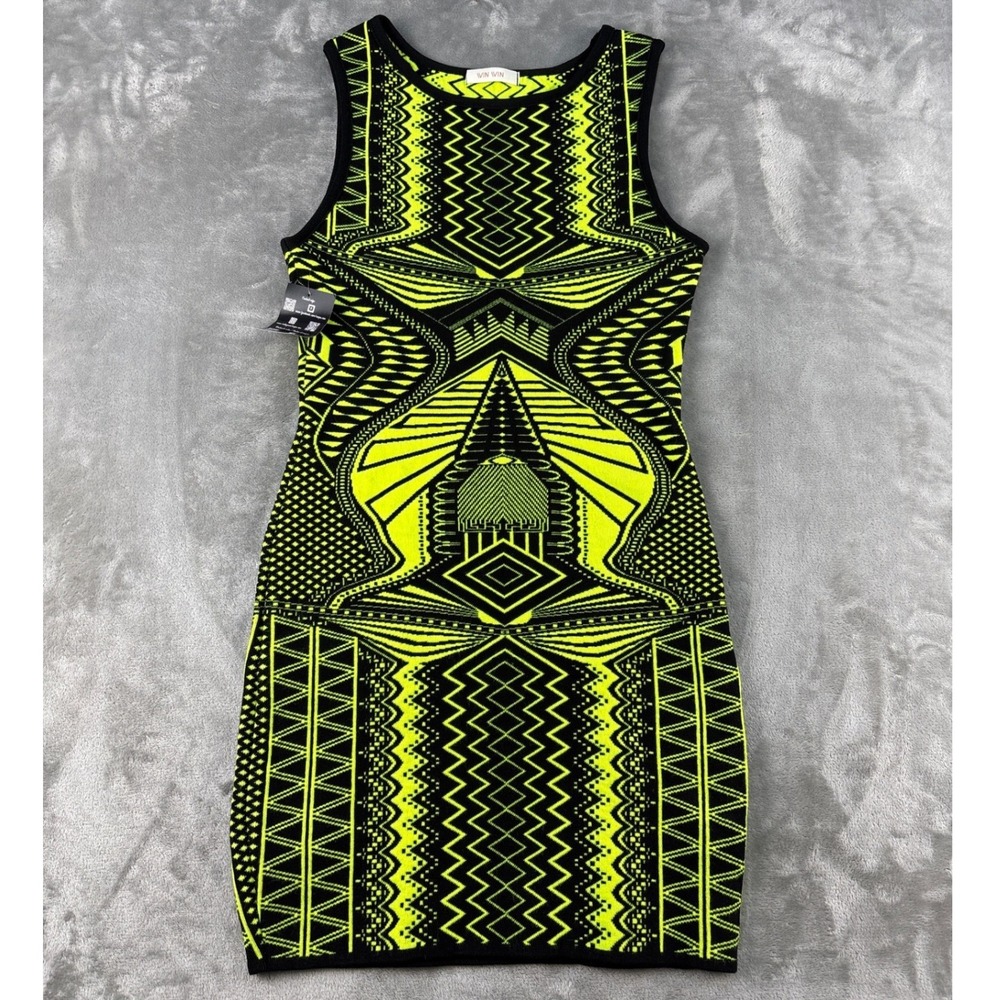 Win Win Dress Womens L Neon Yellow Black Geometric Tribal Sleeveless EUC